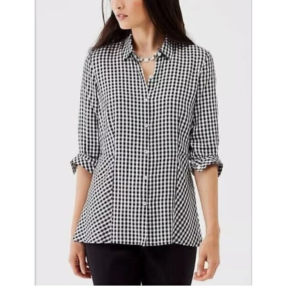 J Jill Top Womens XL Black Gingham Peplum Hem Long Sleeve Cottagecore Preppy